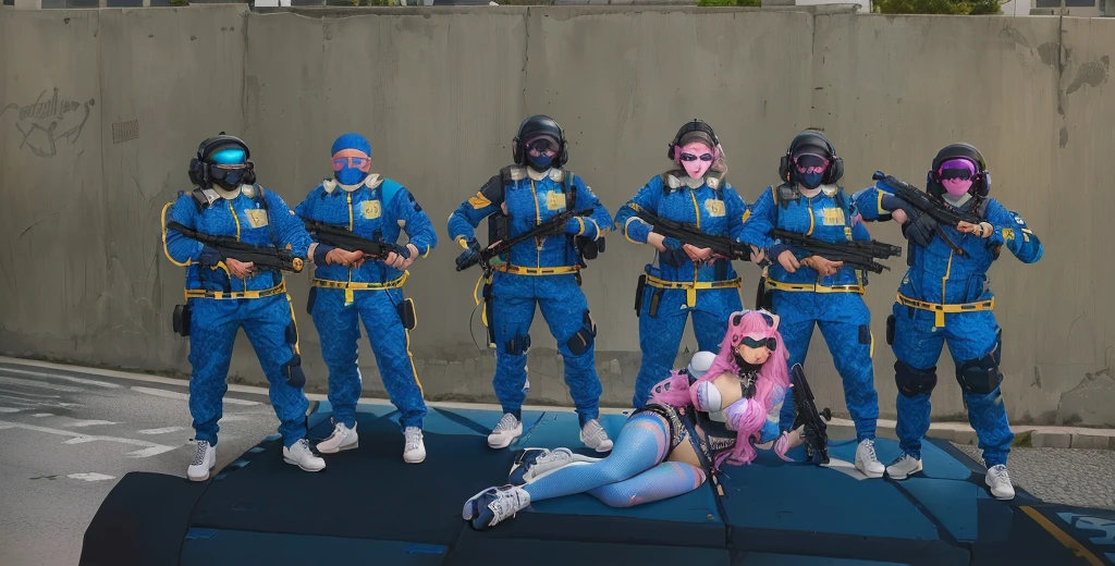 há um grupo de pessoAs de terno azul em cima de um carro, the banana blue gang, muitos npcs nAs ruAs, portrait of a pink gang, no cyberpunk 2077, Equipe SWAT Kawaii, !!posando_As_span_jantar, team fortress style, they are all lying down, zoomed out shot, riot in a cyberpunk city