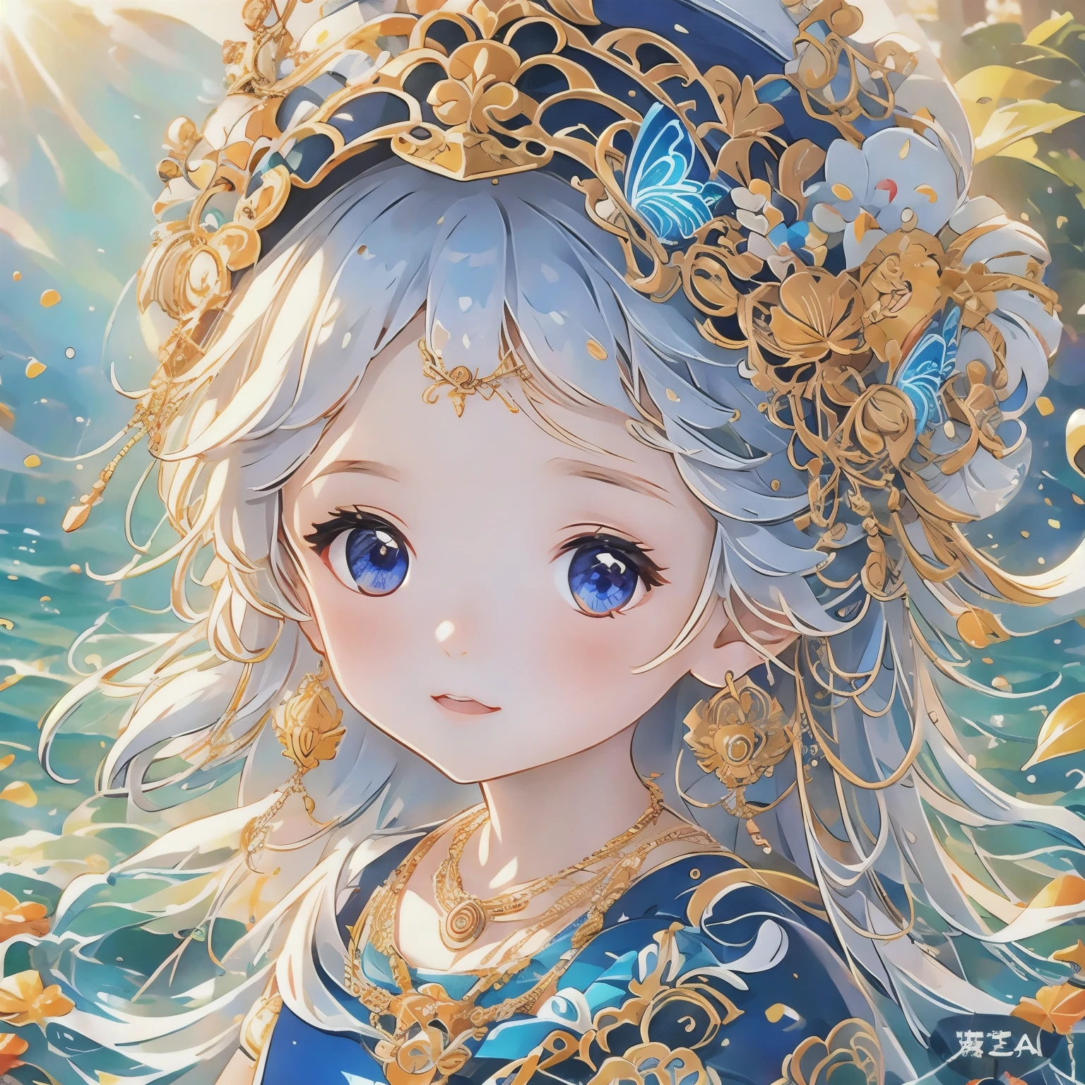 Wavy hair Wavy hair（（（Eyes are very fragile））），（（（Hair accessories））），necklace，Head close-up，1 young girl，Ink style（（artwork）））， （（best quality））， （（Intricate details））， （（Surreal））（8K）