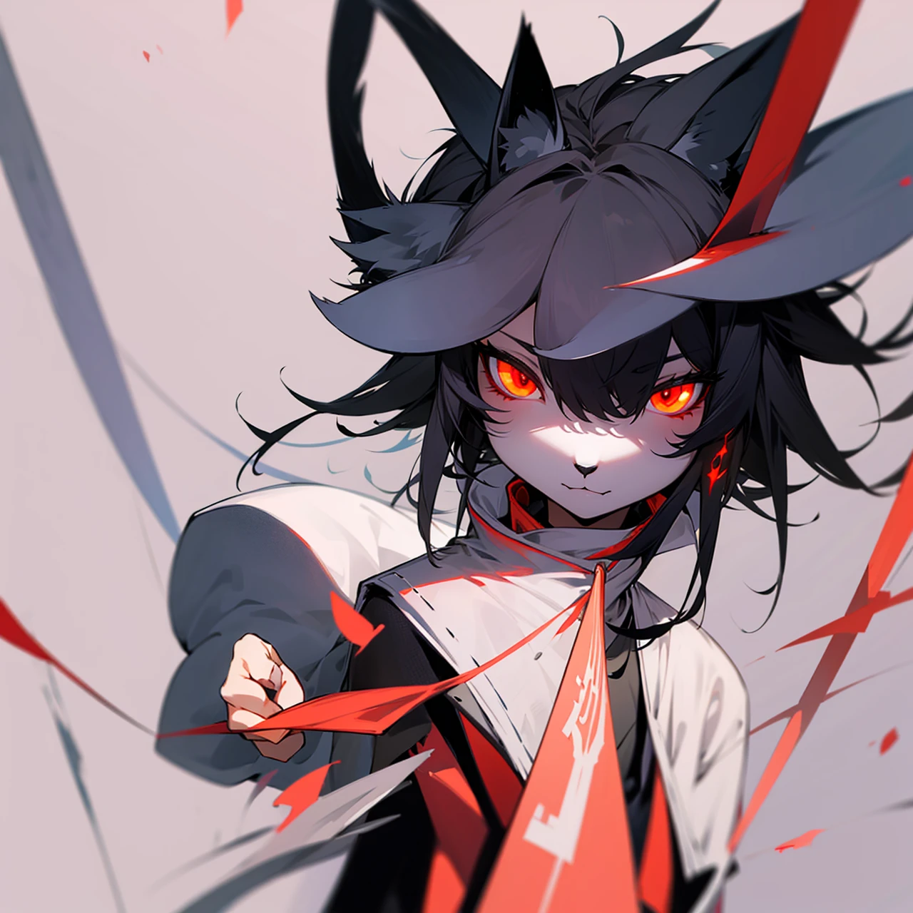 Cool Furry Cat with long ears, holding a knofe, red eyes, black Hair