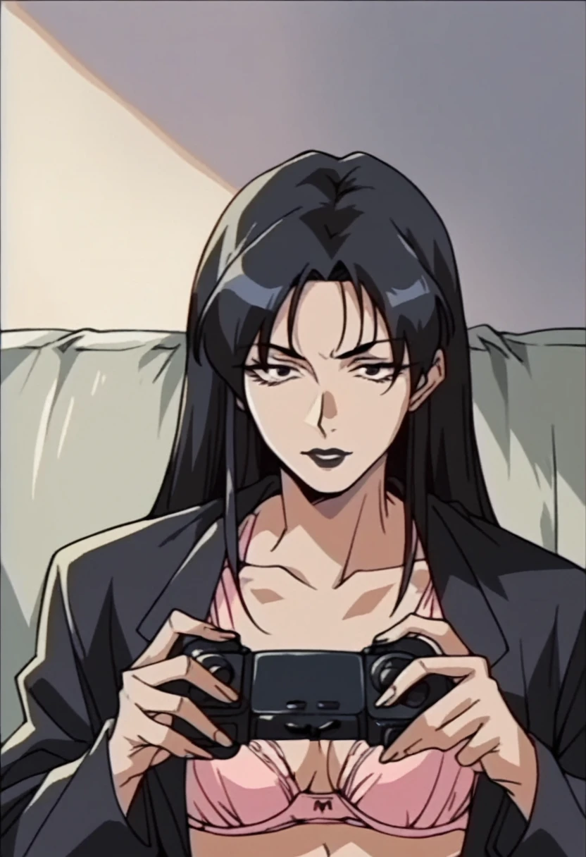 beautyful mature japanese woman, slim body, slender body, black jacket,big long fringe black hair, black lipstick, pink bra, milf, black chocker, playing videogame