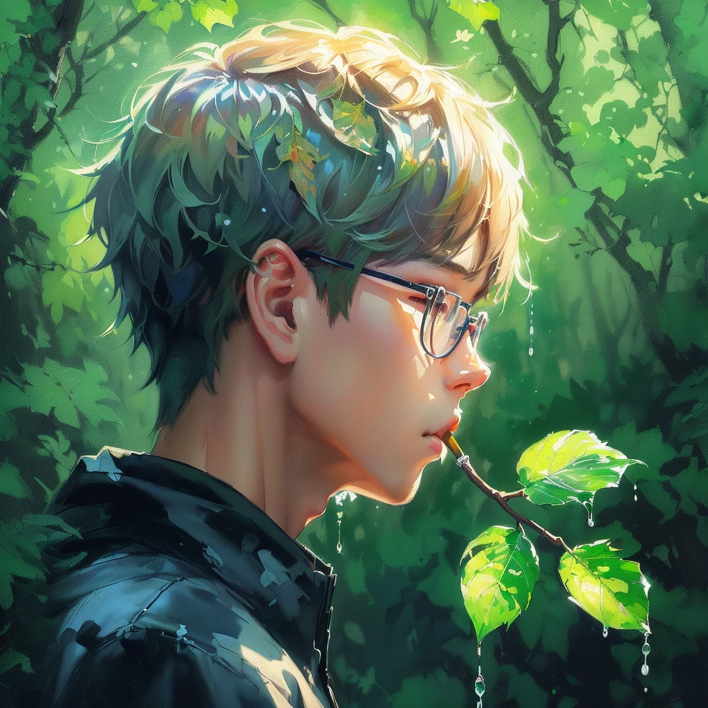 painting of a boy with glasses and a leaf in his mouth, artwork in the style of guweiz, inspired by Yanjun Cheng, inspired by jeonseok lee, inspired by Kim Myeong-guk, digital painting highly detailed, inspired by Yeong-Hao Han, high quality digital painting, lofi portrait, digtial painting, watercolor digital painting