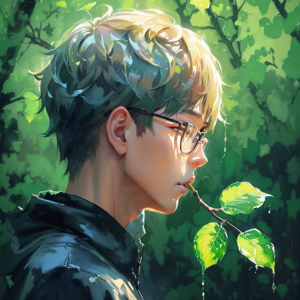 painting of a boy with glasses and a leaf in his mouth, artwork in the style of guweiz, inspired by Yanjun Cheng, inspired by jeonseok lee, inspired by Kim Myeong-guk, digital painting highly detailed, inspired by Yeong-Hao Han, high quality digital painting, lofi portrait, digtial painting, watercolor digital painting