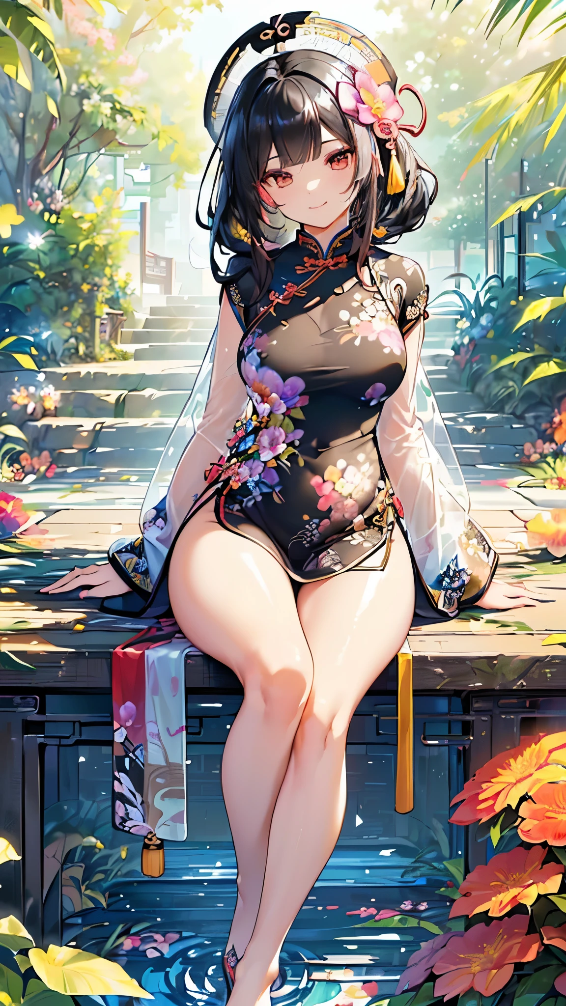 ((Highest quality)),(Ultra-high resolution),(Ultra-detailed new),(Detailed Description),((The best CG)),(masterpiece),Highly detailed art,A wonderful new art form,(Art with precise details:1.5), (Lady:1.4),(A colorful and detailed Chinese dress:1.7),(Beautiful and well-proportioned face:1.6),(Smile:1.4),(Shiny black hair:1.9),(Beautiful feet:1.6),(Intricately detailed and shiny ornaments:1.4),(Taoyaka:1.5),(Supple:1.5), (Colorful flowers々:1.7), (The wind blowing through:1.5), (Gentle sunlight:1.6), Fantasy:1.6,