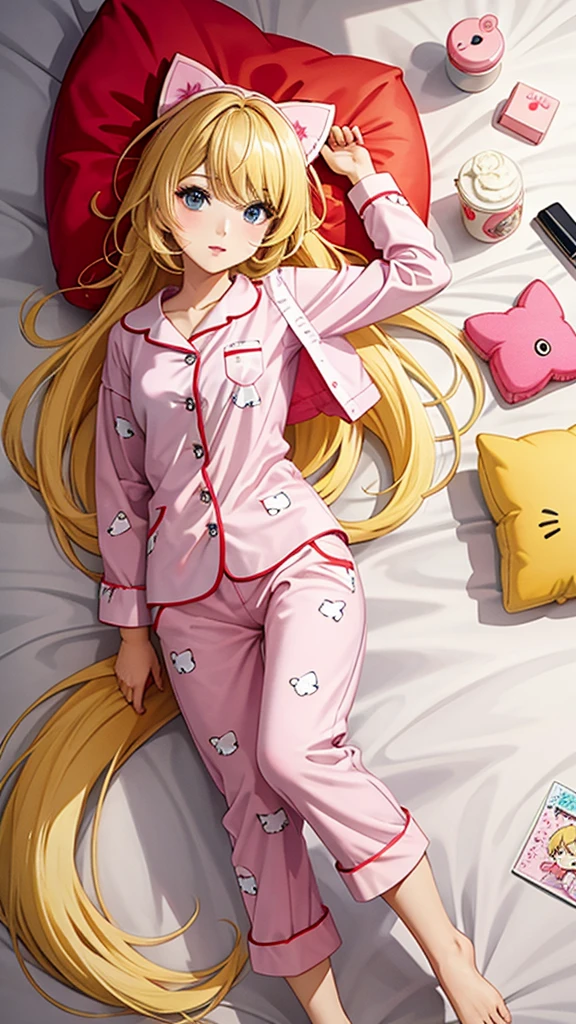 an adult girl, Blonde, blue eyes, loose hair, lying in her bed with a somewhat sick face, in pink full body pajamas