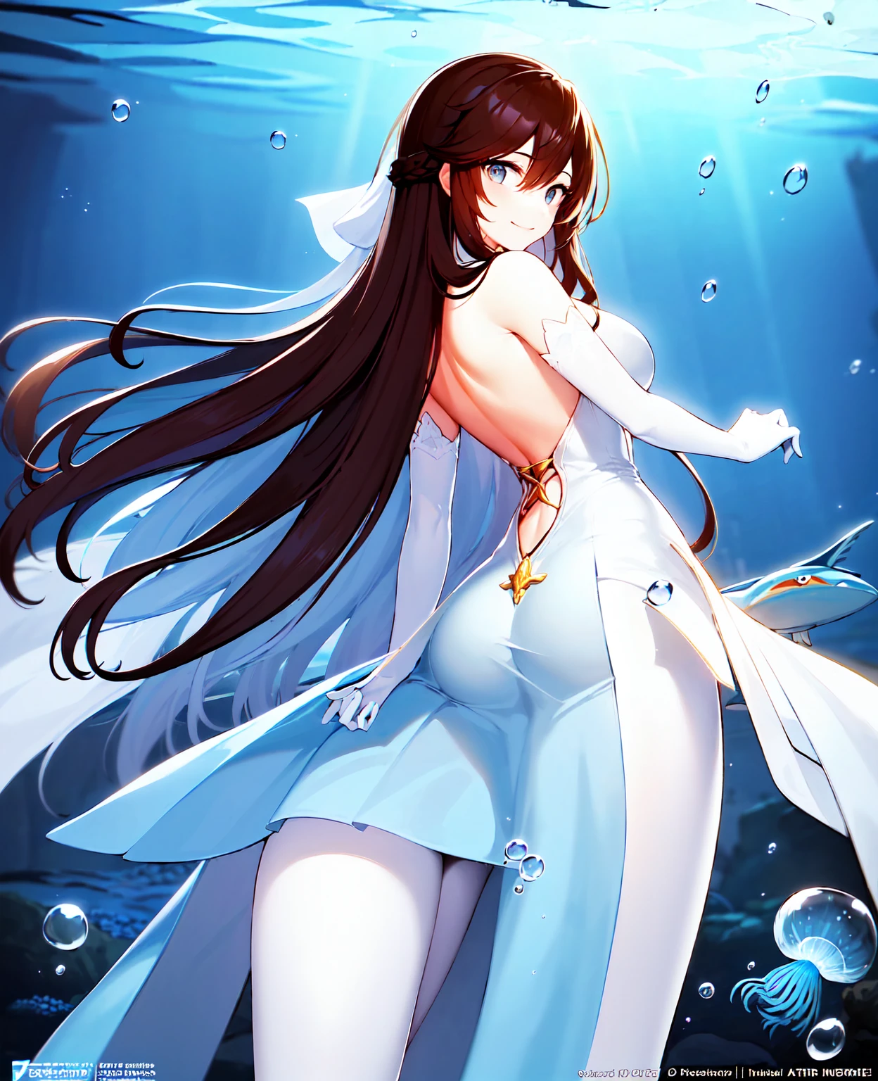 (masterpiece), best quality, ultra-detailed, illustration, warm lighting, bright colors, 1girl, solo, long hair, blue eyes, ribbon, brown hair, hair between eyes, hair ribbon, sidelocks, very long hair,

white dress, dress, thighs, long sleeves, hands behide back, (arms behide back), leaning foward, mischievous smile, ((arms_behind_back)), white pantyhose, white gloves, 

underwater, floating, wet,cowboy shot, fish surrounded, seabed, undersea,underwater,  jellyfish, fish, bubble, sunbeam,


 