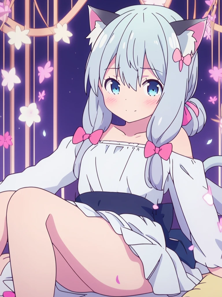extremely detailed CG unified 8k wallpaper, very fine 8KCG wallpaper, absurderes， ，Best Quality ，Ultra-detail ，Beautiful face ，1girl in, blue bow, animal ear,length hair, Very long hair, long-sleeve, solo,hair between eye, bangss, doress,Cat tail，Show from the hips to the shoulders, Sitting, flat chest, girl,Woman,Female, Little,,, Long low ponytail, Light blue hair, blush, Cat_Ears, Closed_Bocchi，Small_breasts, blue eyes, pale skin, Black_bow ribbon, Dress, Skirt, flowing lace, just_Legs, White clothes, flower petals, butterflys flying around,