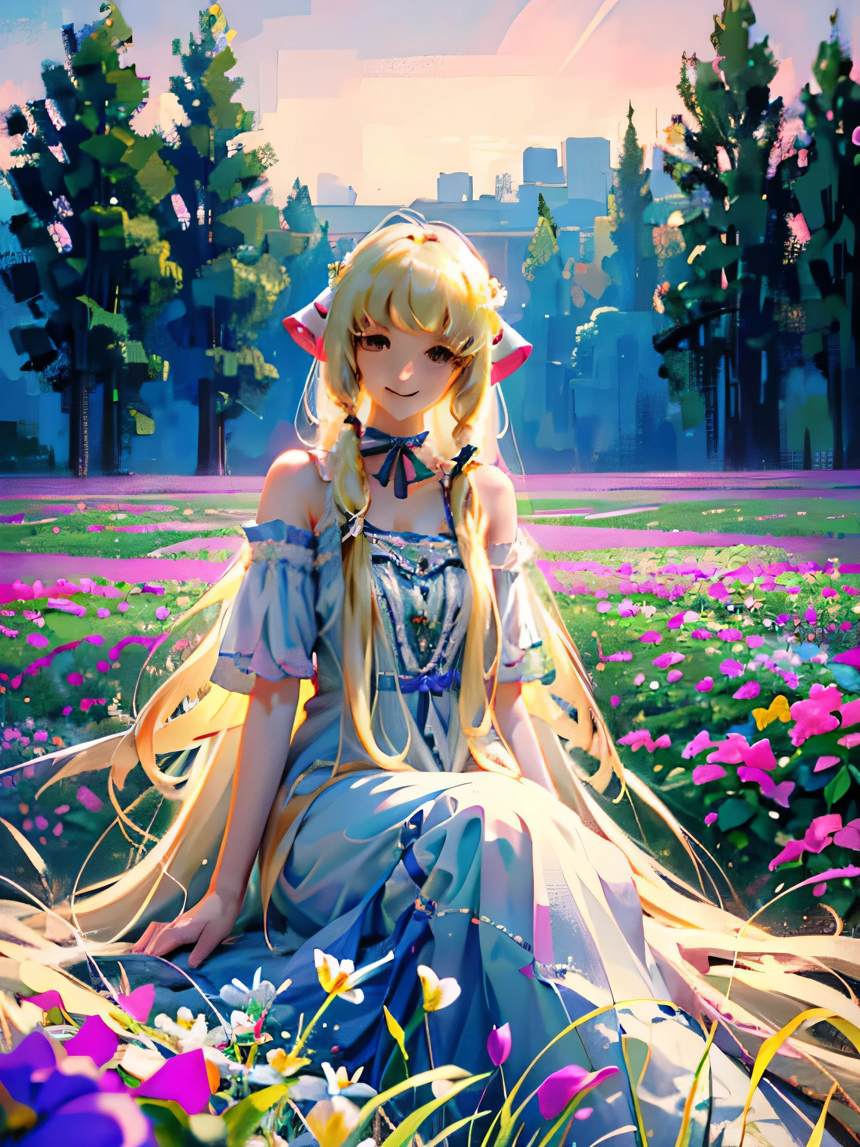 absurdres, uhd, best quality, CG, HDR, 1girl, cowboy shot, chii, robot ears, ((blonde hair)), hair tubes, extremely long hair, brown eyes, empty eyes, mksks style, smile, looking at viewer, sitting in a field of flowers, looking over shoulder, garden, daytime,