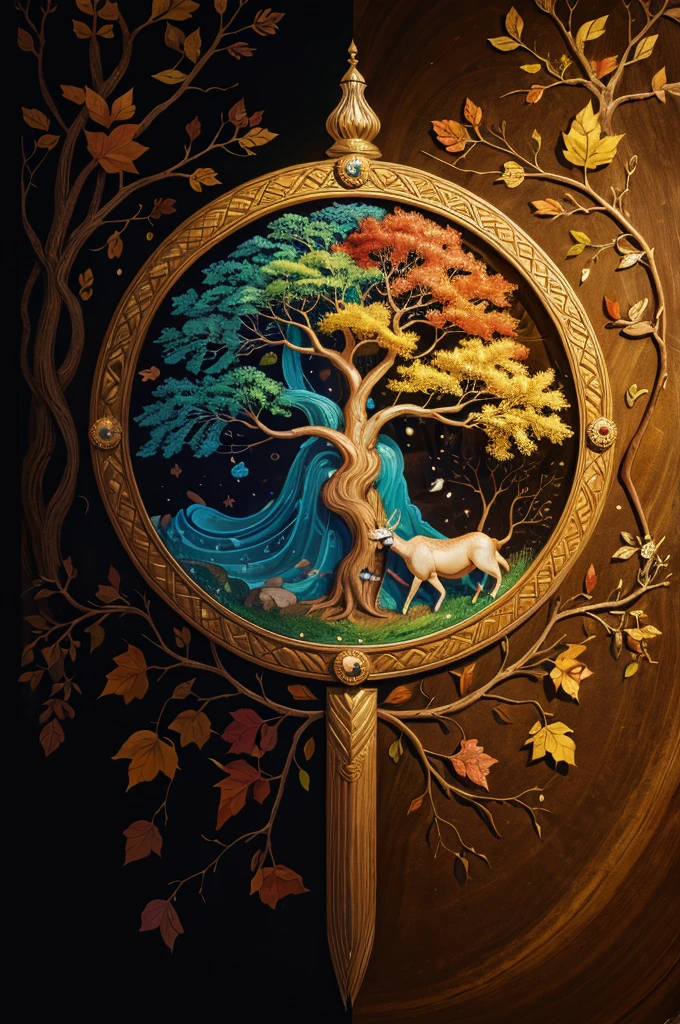 circular tree,four seasons,spring,summer,autumn,winter,leaves,roots,branches,trunk,ornate border,decorative,digital illustration,artwork,movement,time,swirling background,dark background,vibrant colors,natural,life cycle,growth,change,nature,life,peace,harmony,spirituality,symbolism,digital art,illustration,painting,graphic design,art,design,digital media,online art,visual art,fine art,fantasy
