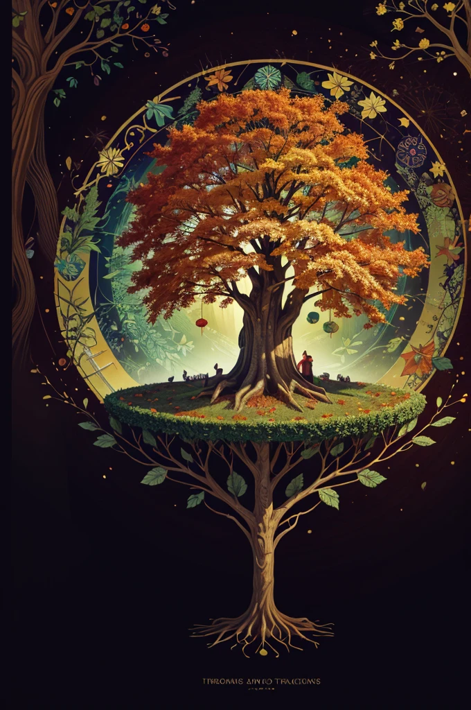circular tree,four seasons,spring,summer,autumn,winter,leaves,roots,branches,trunk,ornate border,decorative,digital illustration,artwork,movement,time,swirling background,dark background,vibrant colors,natural,life cycle,growth,change,nature,life,peace,harmony,spirituality,symbolism,digital art,illustration,painting,graphic design,art,design,digital media,online art,visual art,fine art,fantasy