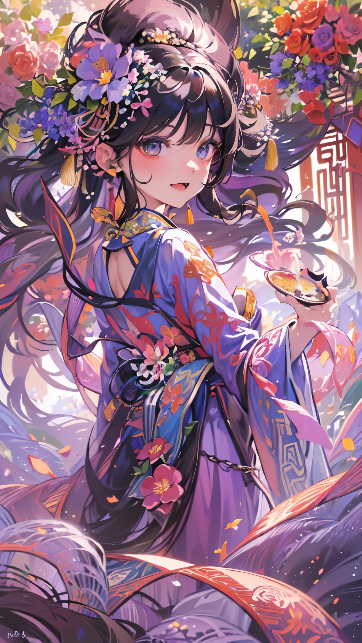 ((Highest quality)),(Ultra-high resolution),(Ultra-detailed new),(Detailed Description),((The best CG)),(masterpiece),Highly detailed art,A wonderful new art form,(Art with precise details:1.5), (Lady:1.4),(A colorful and detailed Chinese dress:1.7),(Beautiful and well-proportioned face:1.6),(Smile:1.4),(Shiny black hair:1.9),(Beautiful feet:1.6),(Intricately detailed and shiny ornaments:1.4),(Taoyaka:1.5),(Supple:1.5), (Colorful flowers々:1.7), (The wind blowing through:1.5), (Gentle sunlight:1.6), Fantasy:1.6,