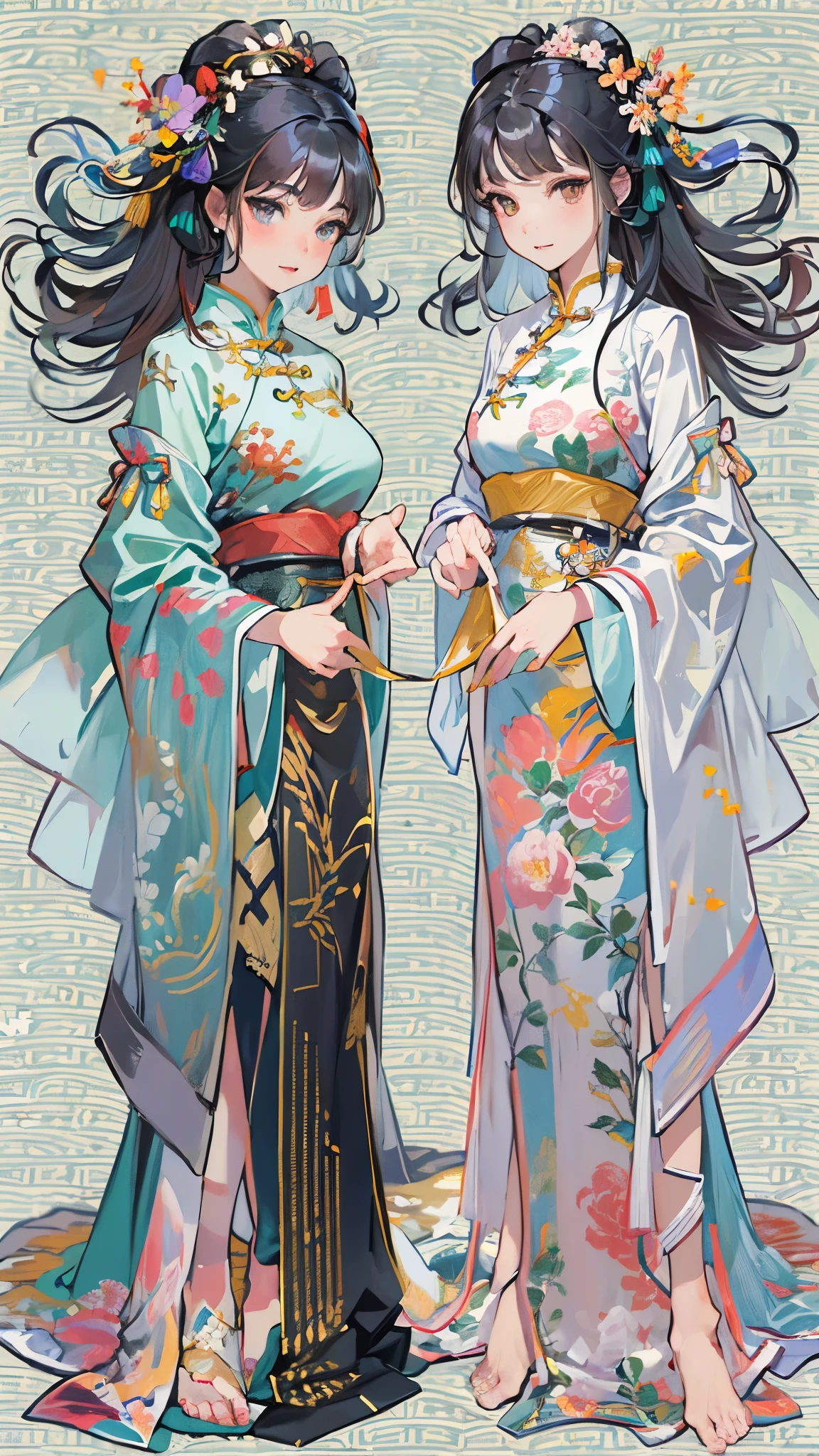 ((Highest quality)),(Ultra-high resolution),(Ultra-detailed new),(Detailed Description),((The best CG)),(masterpiece),Highly detailed art,A wonderful new art form,(Art with precise details:1.5), (Lady:1.4),(A colorful and detailed Chinese dress:1.7),(Beautiful and well-proportioned face:1.6),(Smile:1.4),(Shiny black hair:1.9),(Beautiful feet:1.6),(Intricately detailed and shiny ornaments:1.4),(Taoyaka:1.5),(Supple:1.5), (Colorful flowers々:1.7), (The wind blowing through:1.5), (Gentle sunlight:1.6), Fantasy:1.6,