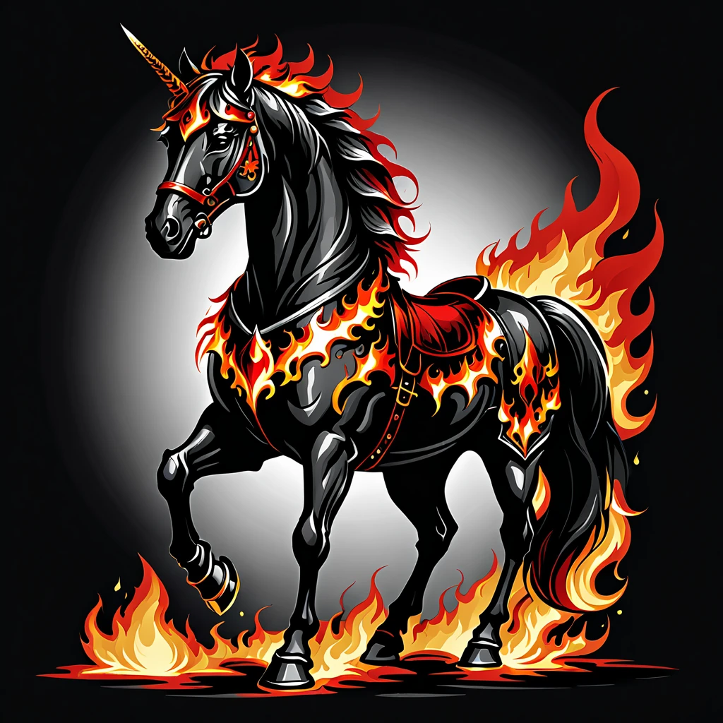 t-shirt design, vector, 2d illustration, Flaming fantasy horse made out gothic fantasy armor with lots of fire with lots of fire illustrated simple reds and blacks t-shirt design flat vector image