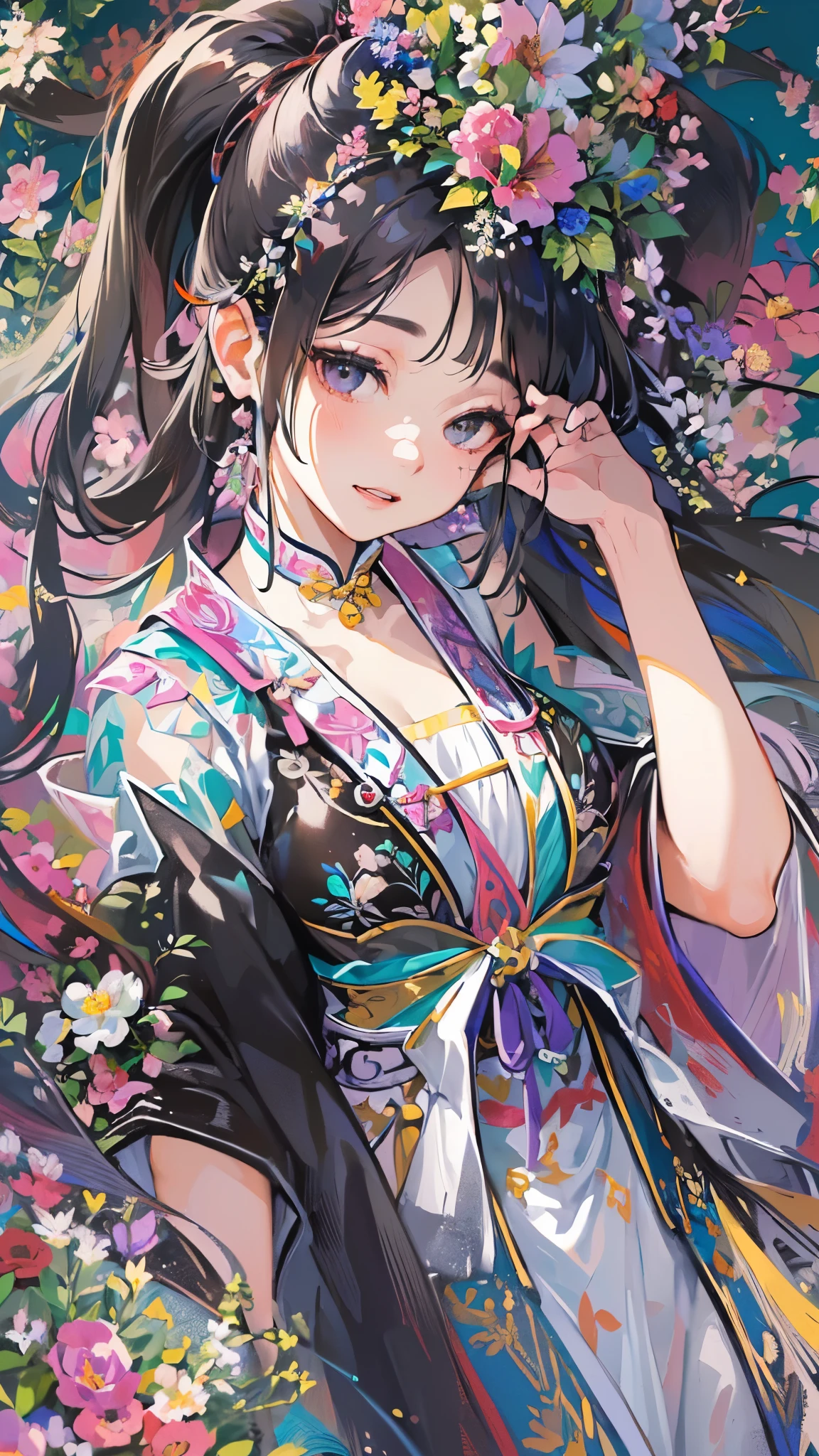 ((Highest quality)),(Ultra-high resolution),(Ultra-detailed new),(Detailed Description),((The best CG)),(masterpiece),Highly detailed art,A wonderful new art form,(Art with precise details:1.5), (Lady:1.4),(A colorful and detailed Chinese dress:1.7),(Beautiful and well-proportioned face:1.6),(Smile:1.4),(Shiny black hair:1.9),(Beautiful feet:1.6),(Intricately detailed and shiny ornaments:1.4),(Taoyaka:1.5),(Supple:1.5), (Colorful flowers々:1.7), (The wind blowing through:1.5), (Gentle sunlight:1.6), Fantasy:1.6,