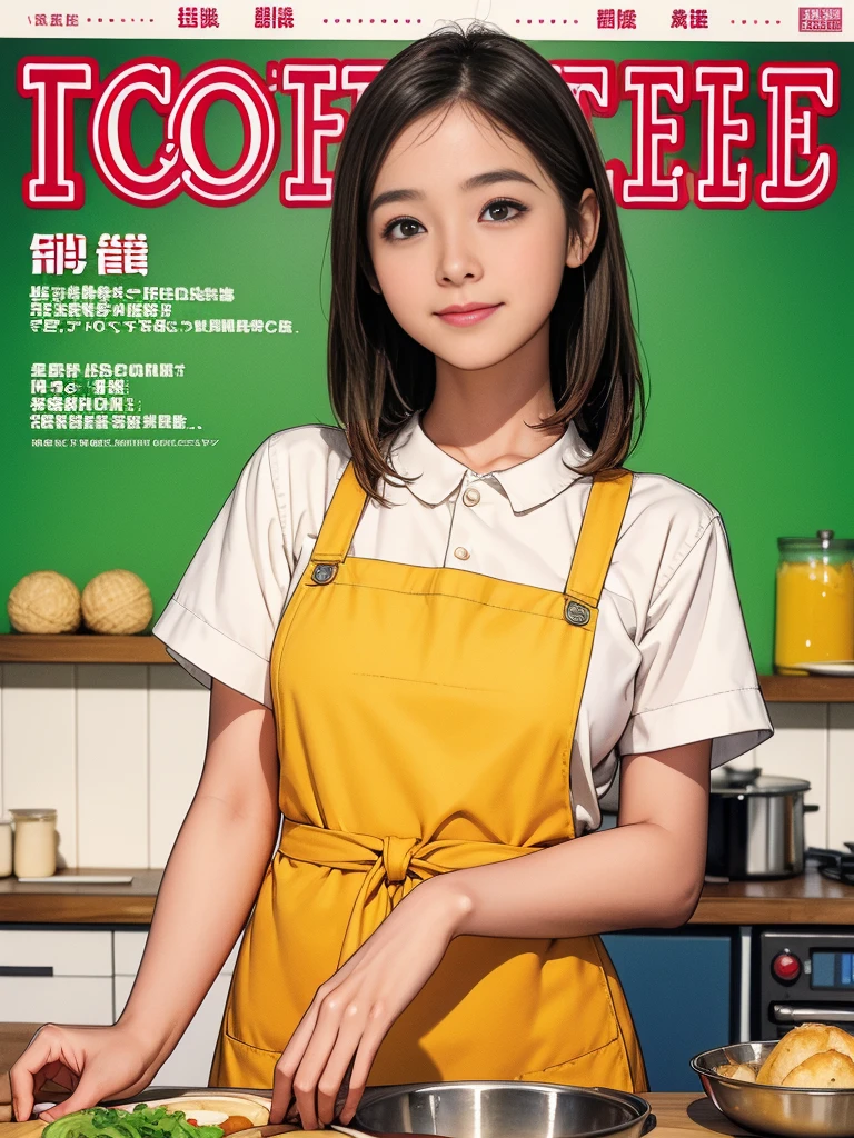 (Highest quality, masterpiece), Cover of a cooking magazine for women, One girl, 13 years old, (Very slim:1.5), Big round eyes, (Droopy eyes), Thin arms, Big Breasts, amazing, cute, A gentle smile, apron, food, article, chart, advertisement, Magazine Title