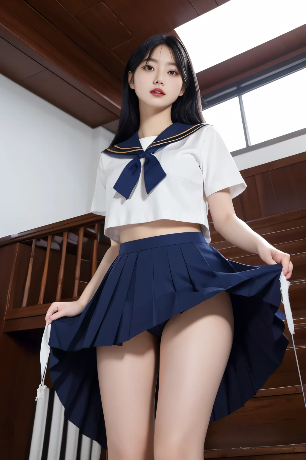 Masterpiece、Highest quality、Woman 1、Super detailed、nsfw、View from directly below the woman、Long legs Black Hair Navy Skirt、skirt lift、Lift the skirt yourself、White panties、Female organ Soft thighs、under boob sailor uniform、Underboob ceiling