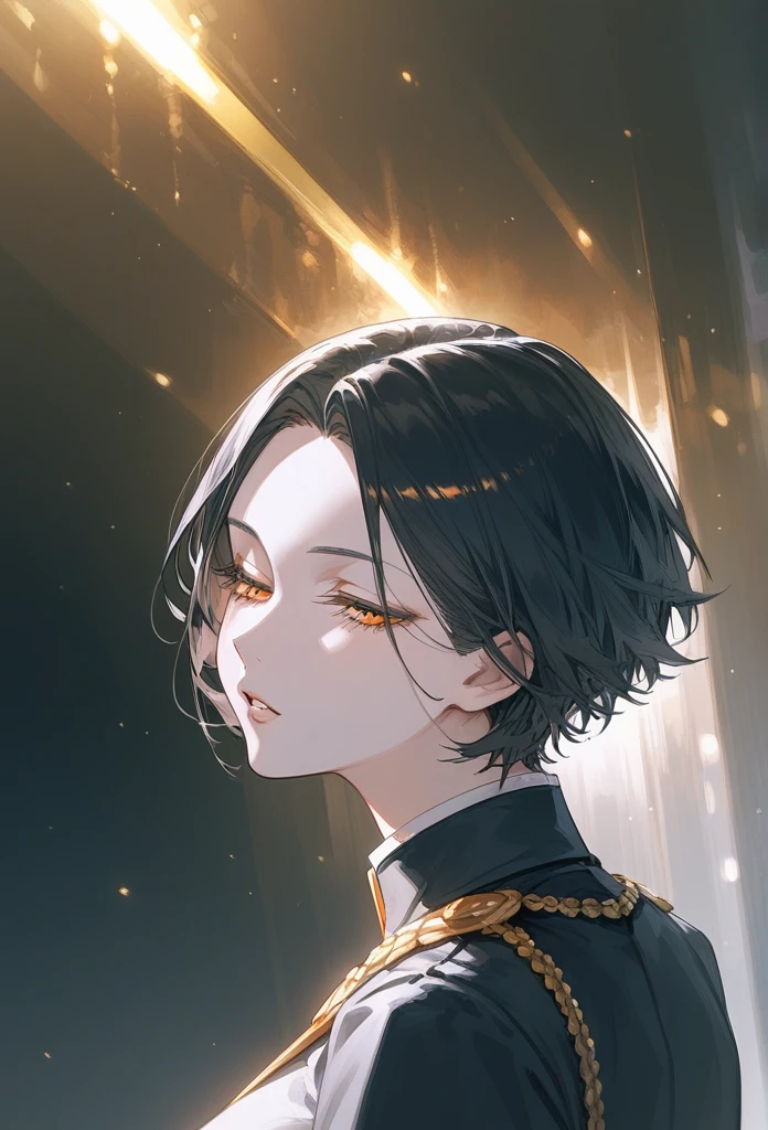 
masterpiece, Score_9, Score_8_up, Score_7_up, rear view, 1 woman, alone, dark black hair, very short hair, long parted bangs, gold and orange eyes, half-closed eyes, parted lips, expressionless, pale skin, large breasts, top body,
 long open bangs, with a mole under the mouth, cut style (boy), No bangs.