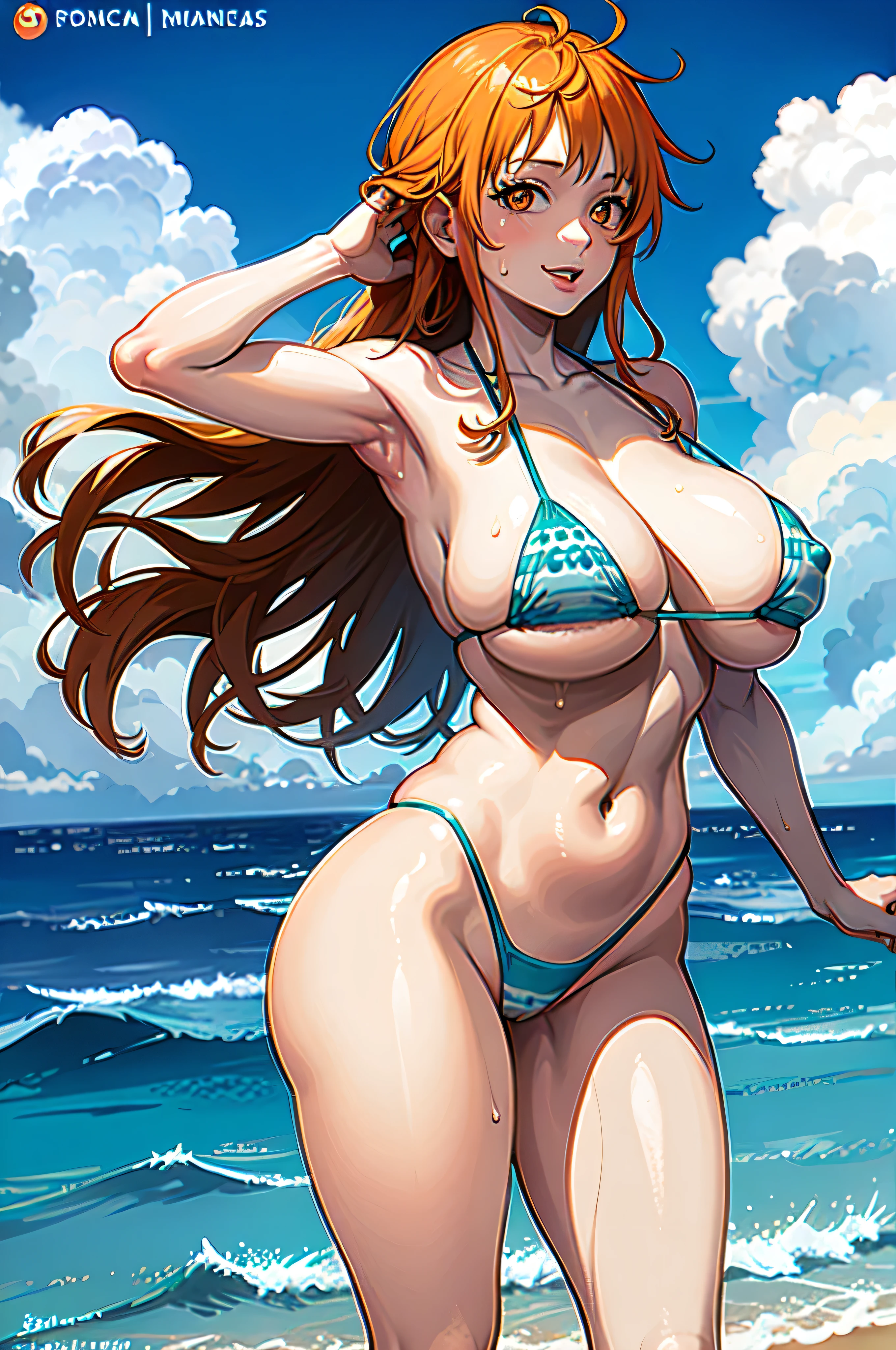 Nami,1girl,solo, beautiful, thicc thighs, huge breasts, wearing bikini, in the beach, orange eyes, realistic pupils, highly details eye, perfect anatomy, good anatomy, good composition, armpits, standing , smile , looking at viewer, sweating, milf, thicc thighs, lubricant skin groin area, oily skin, red armpits, sweat armpits