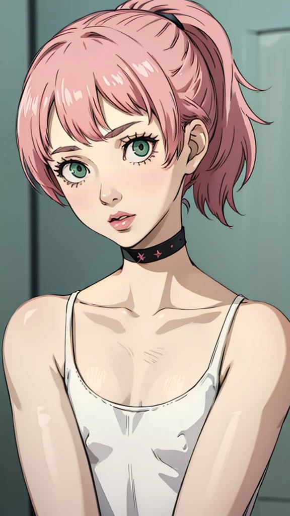 1 femboy, green eyes, very Short hair, pink choker, lipstick, Shy, pink hair , tomboy Pixie haircut, femboy hooters, face portrait , flat chest, ponytail