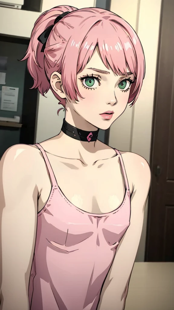 1 femboy, green eyes, very Short hair, pink choker, lipstick, Shy, pink hair , tomboy Pixie haircut, femboy hooters, face portrait , flat chest, ponytail, pose squating