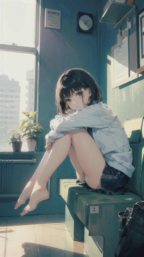 (short cute girl,small young student,young delicate girl),(masterpiece,Top quality),hugging own legs,sit with one's knees,bend legs,black hair