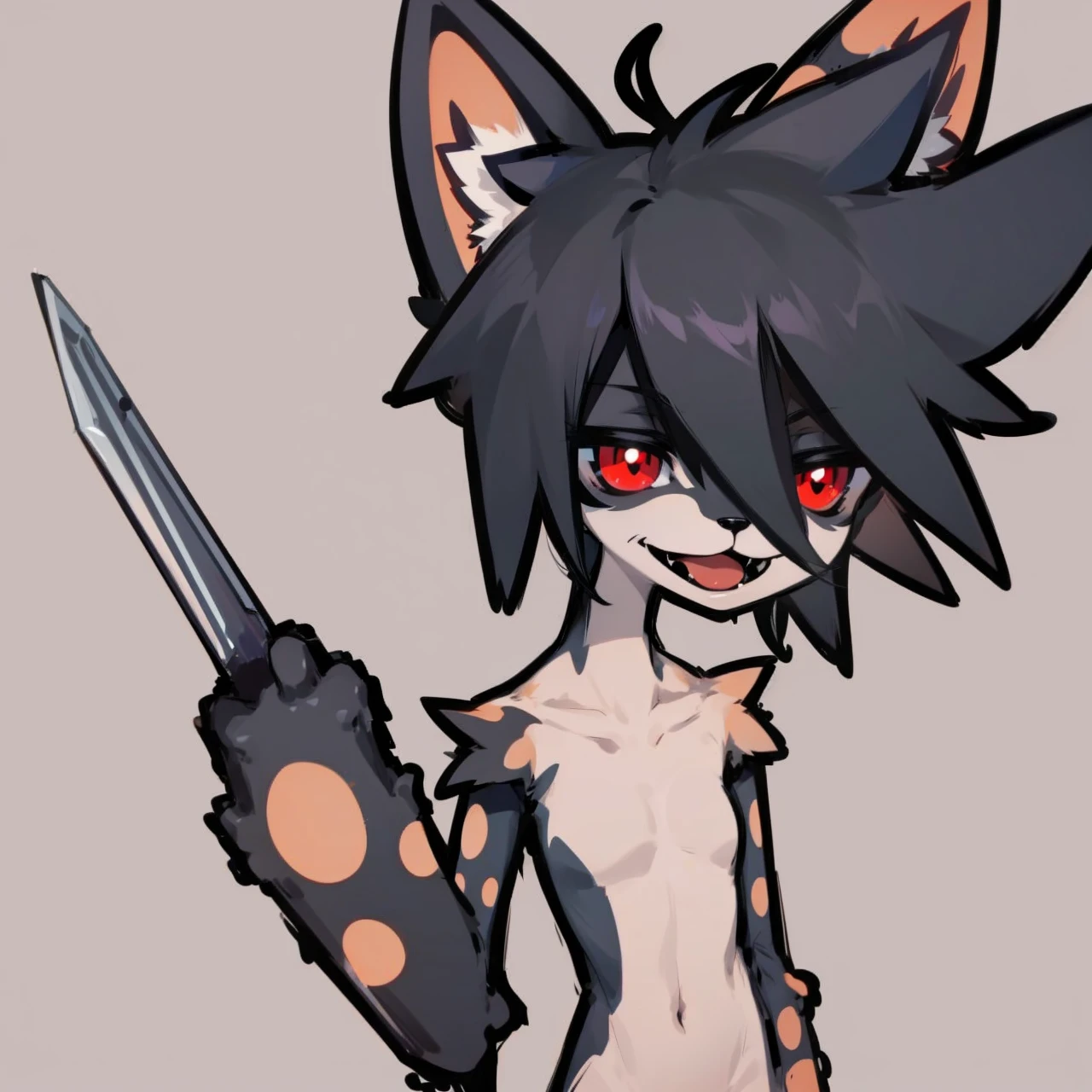 Cool Furry Cat with long ears, holding a knofe, red eyes, black Hair
