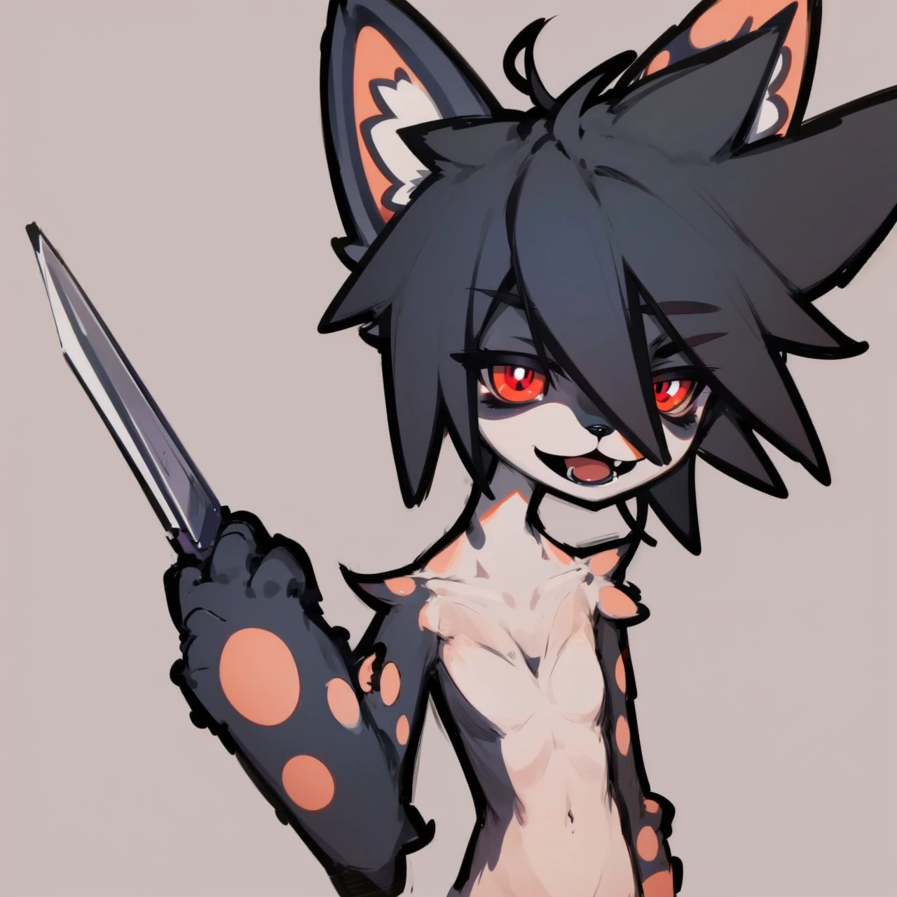 Cool Furry Cat with long ears, holding a knofe, red eyes, black Hair