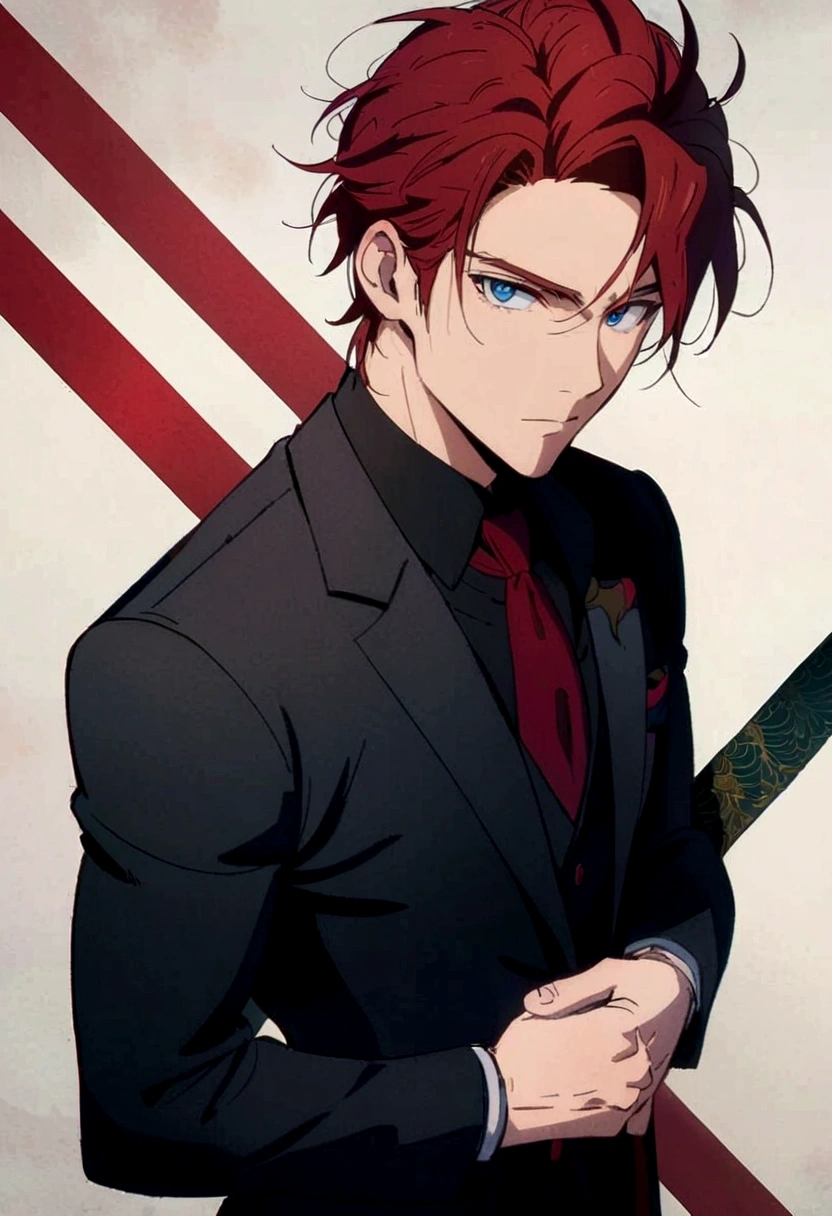 anime guy in suit and tie with red hair, anime handsome man, cute anime pose, handsome guy in demon slayer art, male anime character, male anime style, tall anime guy with blue eyes, anime portrait of a handsome man, delicate androgynous prince, cute androgynous prince, young anime man, red line anime film style, kakyoin