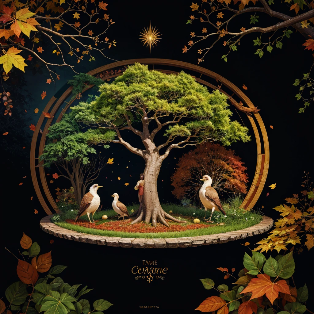 circular tree,four seasons,spring,summer,autumn,winter,leaves,roots,branches,trunk,ornate border,decorative,digital illustration,artwork,movement,time,swirling background,dark background,vibrant colors,natural,life cycle,growth,change,nature,life,peace,harmony,spirituality,symbolism,digital art,illustration,painting,graphic design,art,design,digital media,online art,visual art,fine art,fantasy
