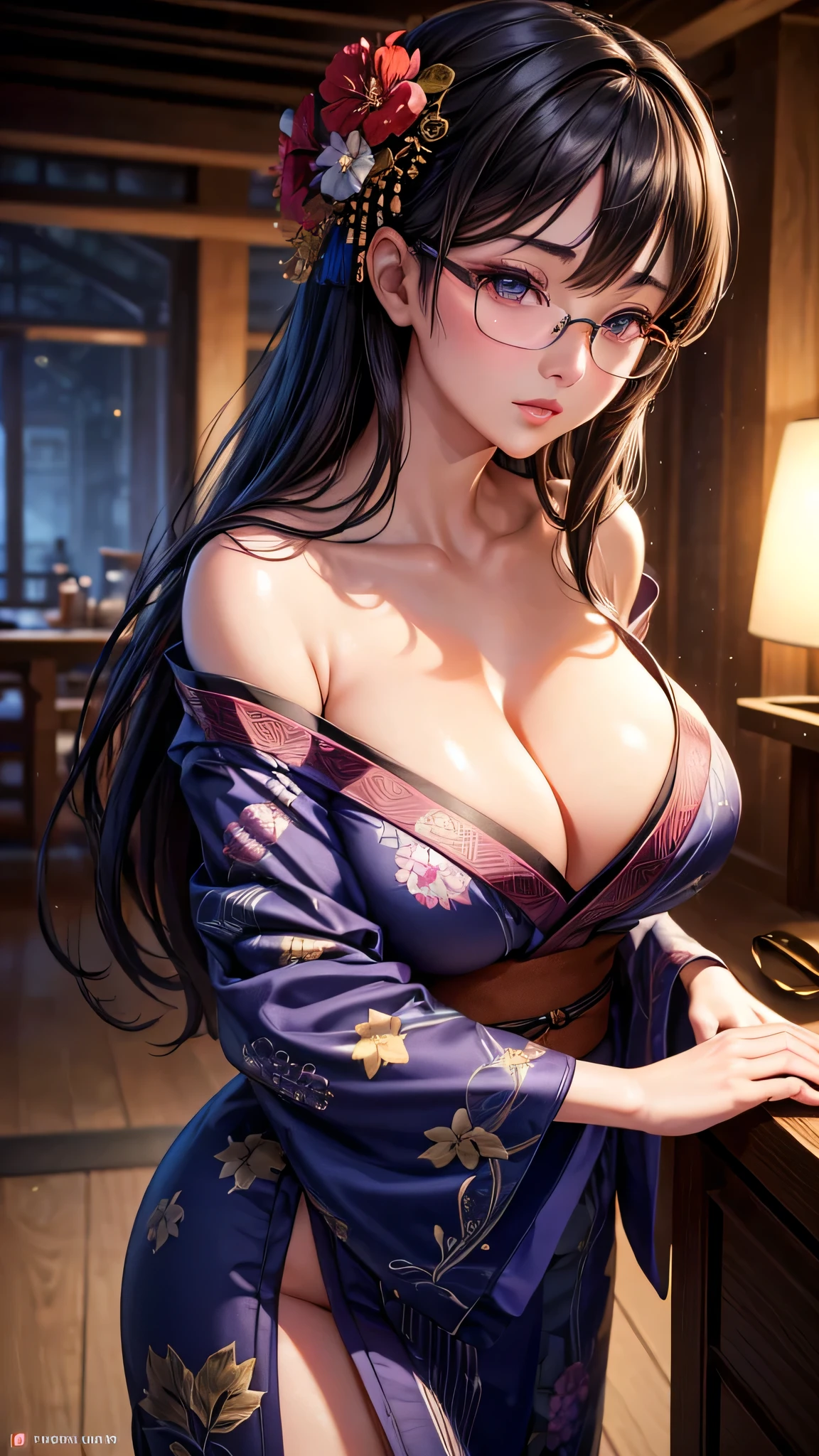 1 girl, glasses, big breasts, loose dark yukata, loose hair, looking at you, sexy pose, blush, night light, detailed face, beautiful eyes, detailed hand, long eyelashes, detailed lips, detailed skin, intricate details, elegant, beautiful lighting, cinematic, soft focus, photorealistic, masterpiece, 8k, ultra-detailed, (best quality, 4k, 8k, highres, masterpiece:1.2), ultra-detailed, (realistic, photorealistic, photo-realistic:1.37)