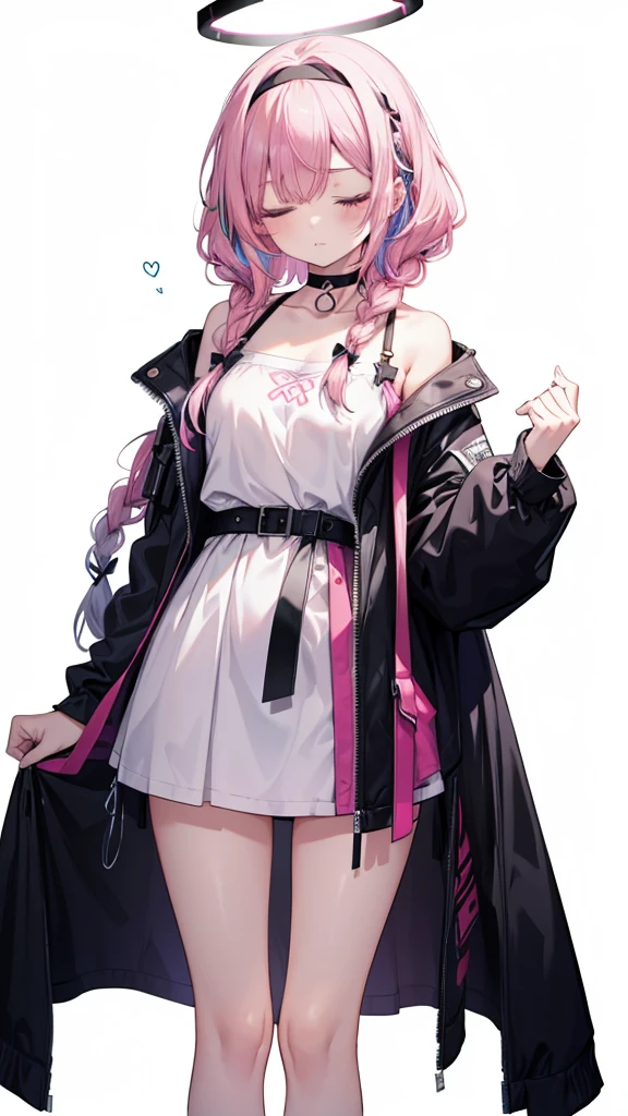 1girl, alternative costume, arona \(blue file\), bangs, bare thick legs, bare big thighs, bare shoulders, black choker, black hairband, black off shoulder jacket, ((eyes closed from sleep)), blush, braid, choker, collarbone, colored inner hair, hair over one eye, hair ribbon, hair band, halo, long hair, looking at viewer, multicolored hair, NSFW, hands tied up, off the shoulder, pink hair, single braid, standing, alone, shirt, white background, white hair, ((very sleepy))