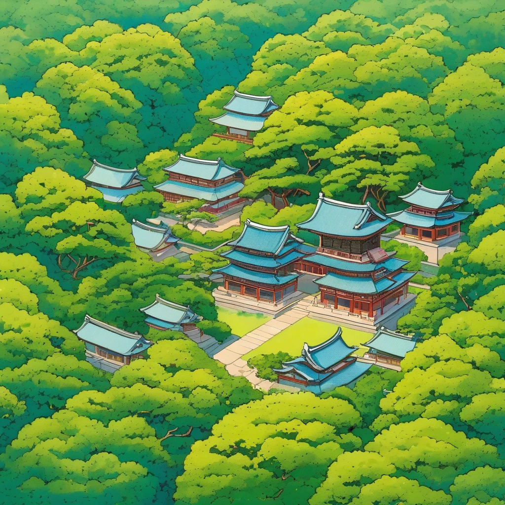 top-down view of a distant Japanese temple-village almost hidden by green bushes and trees, analogous pastel colors