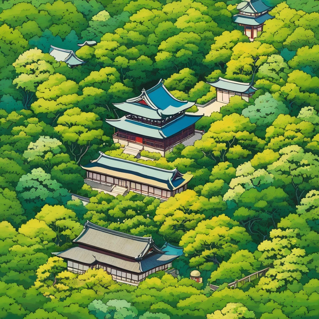 top-down view of a distant Japanese temple-village almost hidden by green bushes and trees, analogous pastel colors