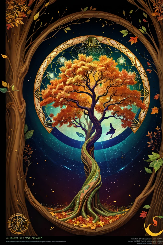 circular tree,four seasons,spring,summer,autumn,winter,leaves,roots,branches,trunk,ornate border,decorative,digital illustration,artwork,movement,time,swirling background,dark background,vibrant colors,natural,life cycle,growth,change,nature,life,peace,harmony,spirituality,symbolism,digital art,illustration,painting,graphic design,art,design,digital media,online art,visual art,fine art,fantasy