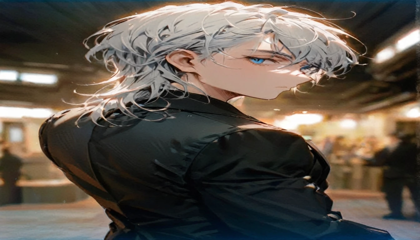 Half-body pictureของชายหนุ่ม มีกล้ามดี ผมขาวสโมคกี้, blue eyes, Wearing an all black suit. standing looking back. look behind. Half-body picture. look behind. deck