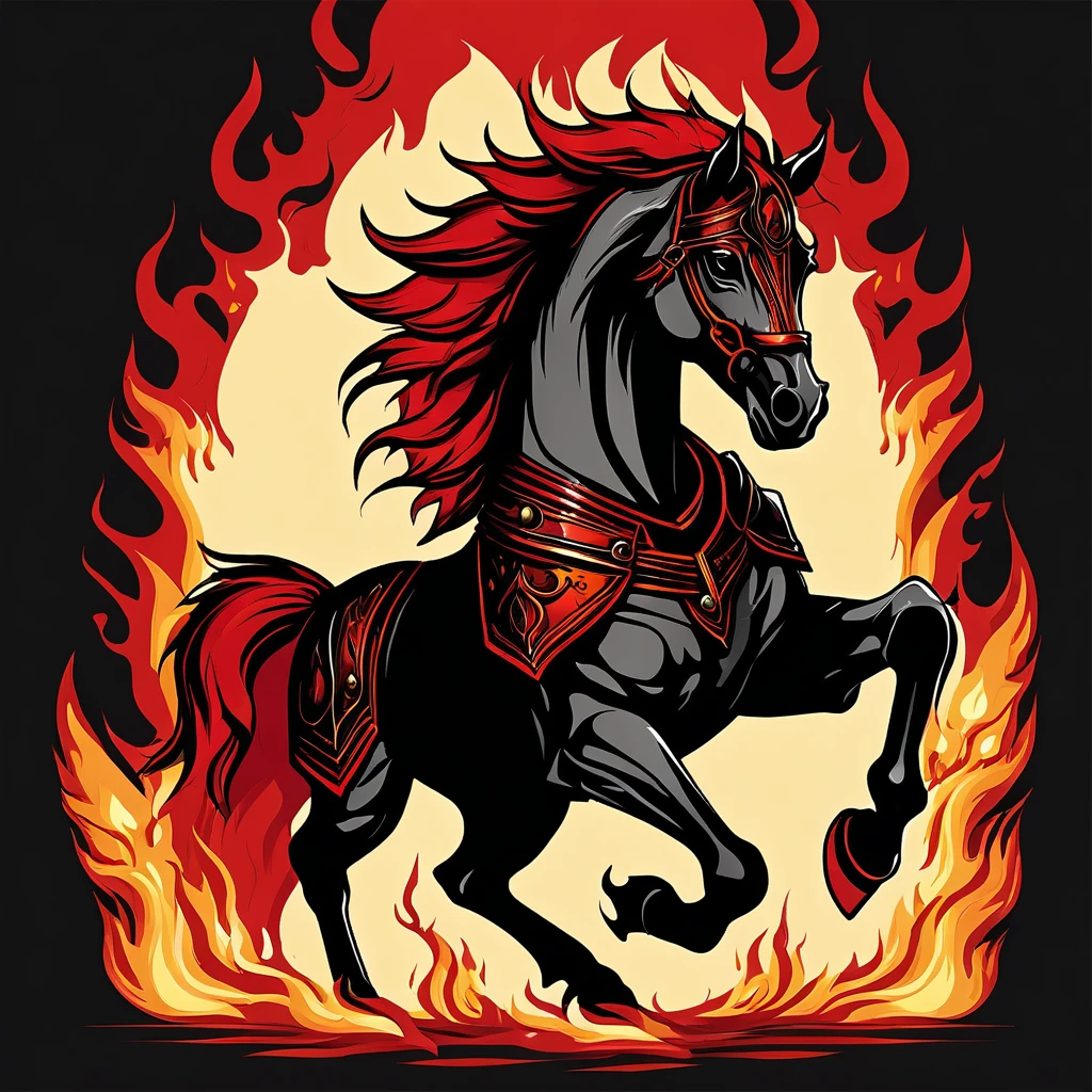 t-shirt design, vector, 2d illustration, Flaming fantasy horse made out gothic fantasy armor with lots of fire with lots of fire illustrated simple reds and blacks t-shirt design flat vector image