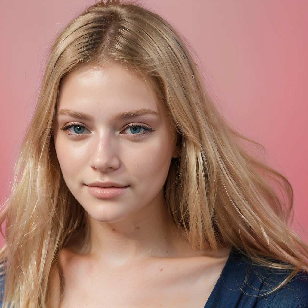 une femme blonde age 22  (ultra realiste) (meilleure qualité)4k, (ultra détaillé)net, machoire dessiner, joue fine  ,(cheveux long blond ébouriffés),(illustration), (1fille), beaux bleu en amande détaillés,beau visage délicat, fin ,Flottant,(saturation élevée),(éclaboussures colorées) vue du visage