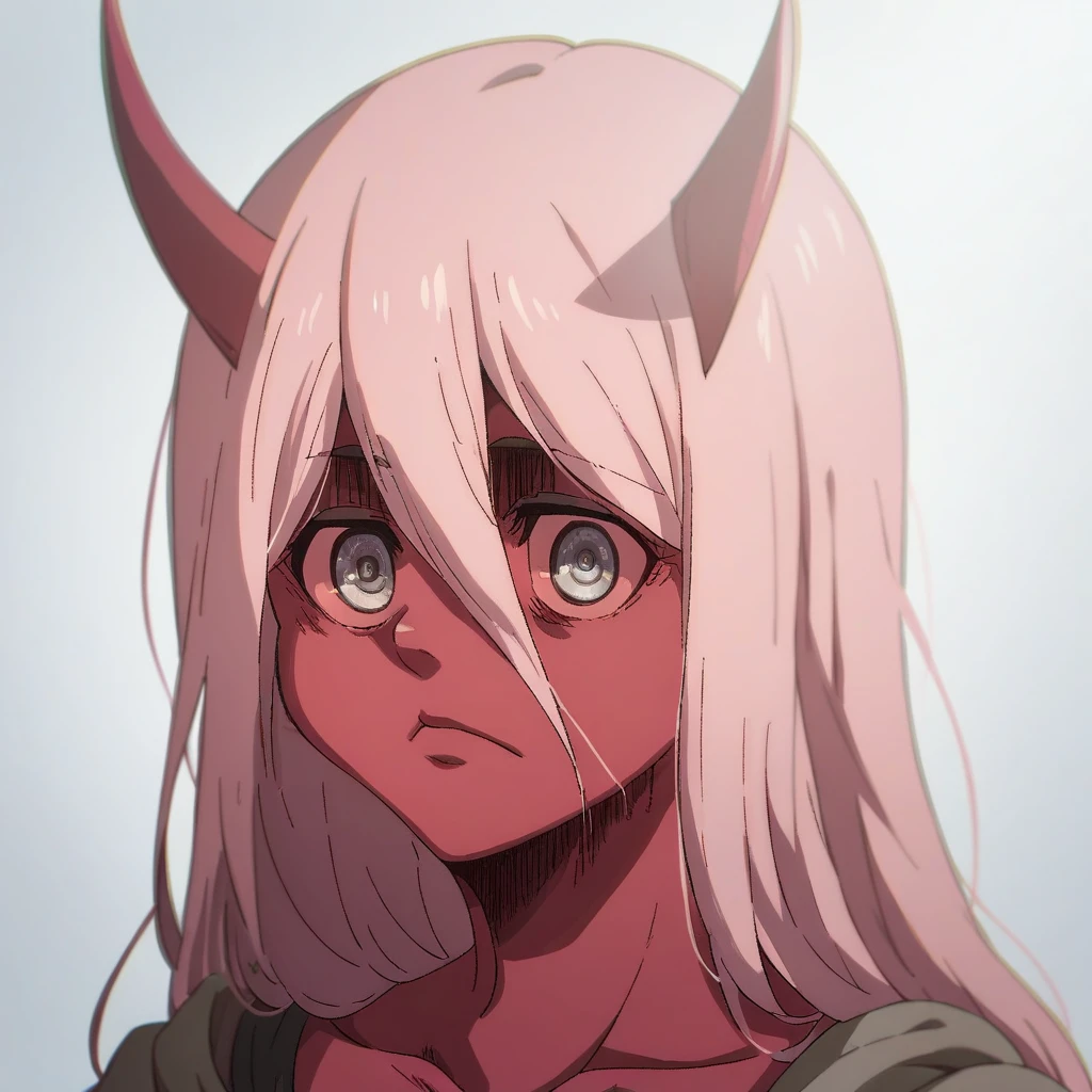 shingeki_no_kyojin_s4_style, portrait, solo,Zero Two, 1girl, masterpiece, best quality, long hair, (red skin), red horns, pink hair, grey eyes, colored sclera, poncho