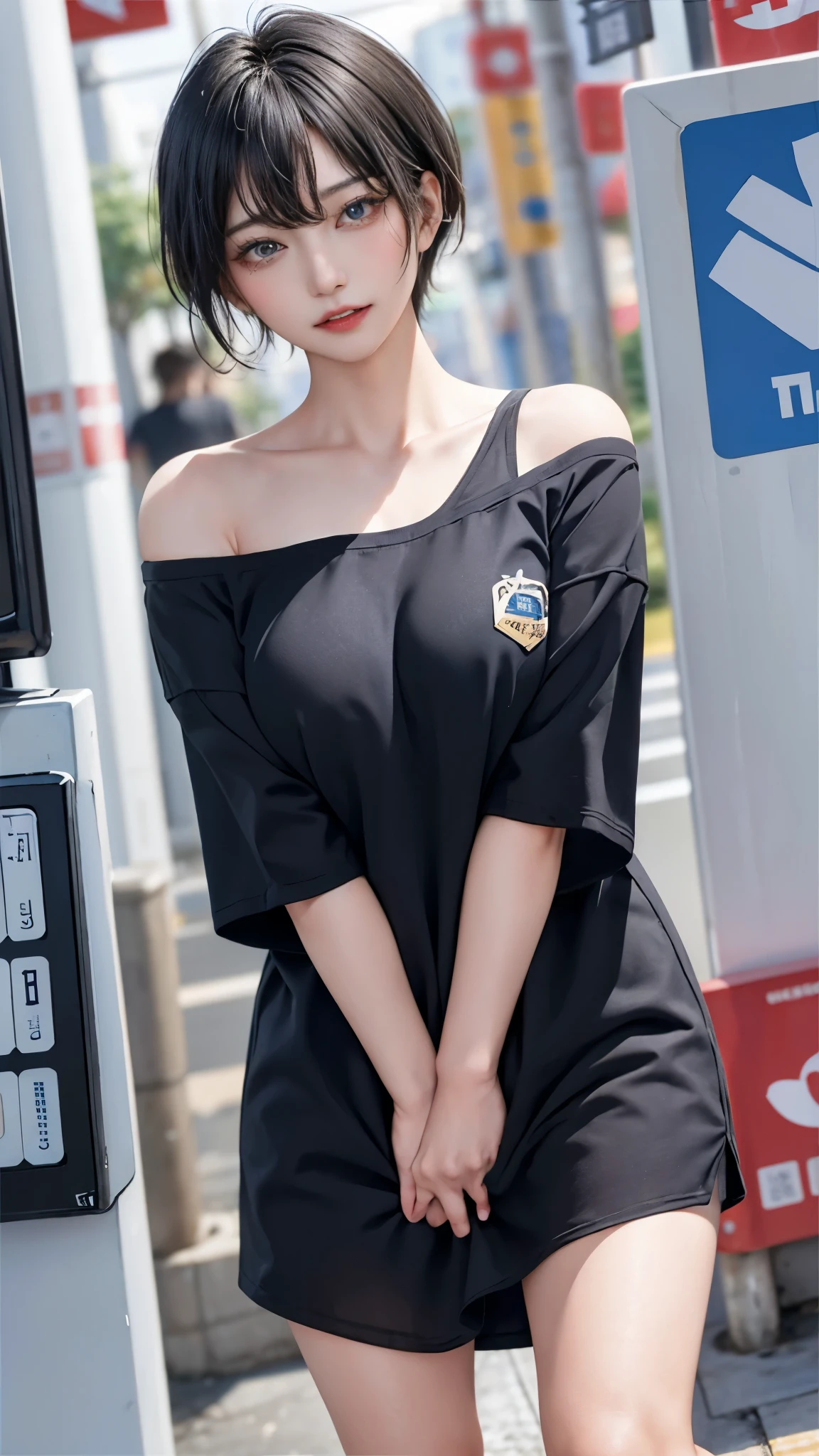 masterpiece、highest quality、be familiar with、1 female、18-year-old、blue eyes、bionde、black skin、(((oil skin))),shiny skin, short hair、(A girl wearing an oversized plain T-shirt with bare shoulders)、Seductive thighs、big breasts、big breasts、A woman went shopping、Angle from above、embarrassed face、from the front、upward glance、background bokeh、In front of the convenience store cashier counter、A girl who came to buy condoms、Place condoms and alcohol on the cashier counter、(orgasm:1.5), (Full of embarrassment)