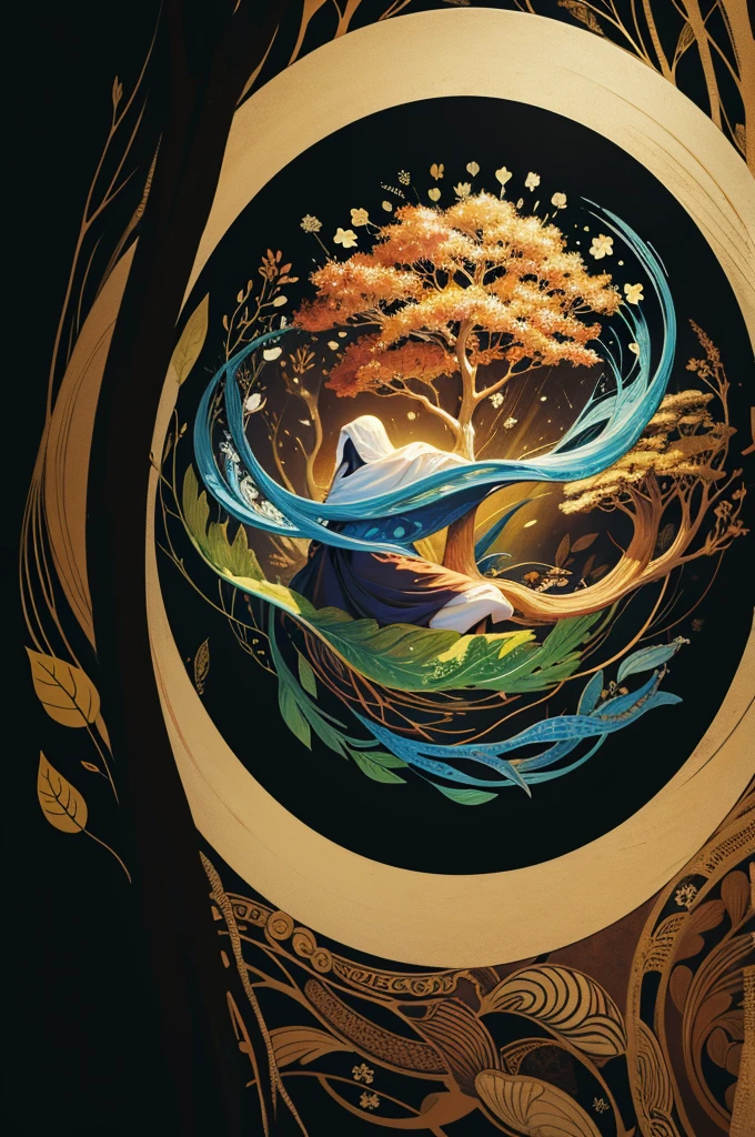 circular tree,four seasons,spring,summer,autumn,winter,leaves,roots,branches,trunk,ornate border,decorative,digital illustration,artwork,movement,time,swirling background,dark background,vibrant colors,natural,life cycle,growth,change,nature,life,peace,harmony,spirituality,symbolism,digital art,illustration,painting,graphic design,art,design,digital media,online art,visual art,fine art,fantasy