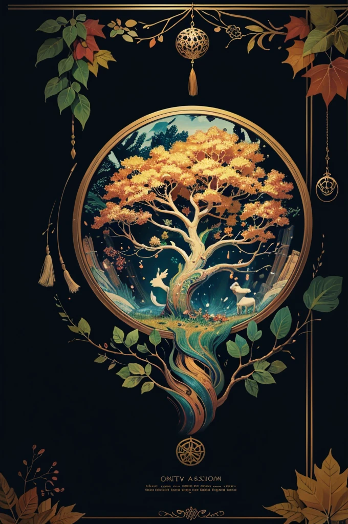 circular tree,four seasons,spring,summer,autumn,winter,leaves,roots,branches,trunk,ornate border,decorative,digital illustration,artwork,movement,time,swirling background,dark background,vibrant colors,natural,life cycle,growth,change,nature,life,peace,harmony,spirituality,symbolism,digital art,illustration,painting,graphic design,art,design,digital media,online art,visual art,fine art,fantasy
