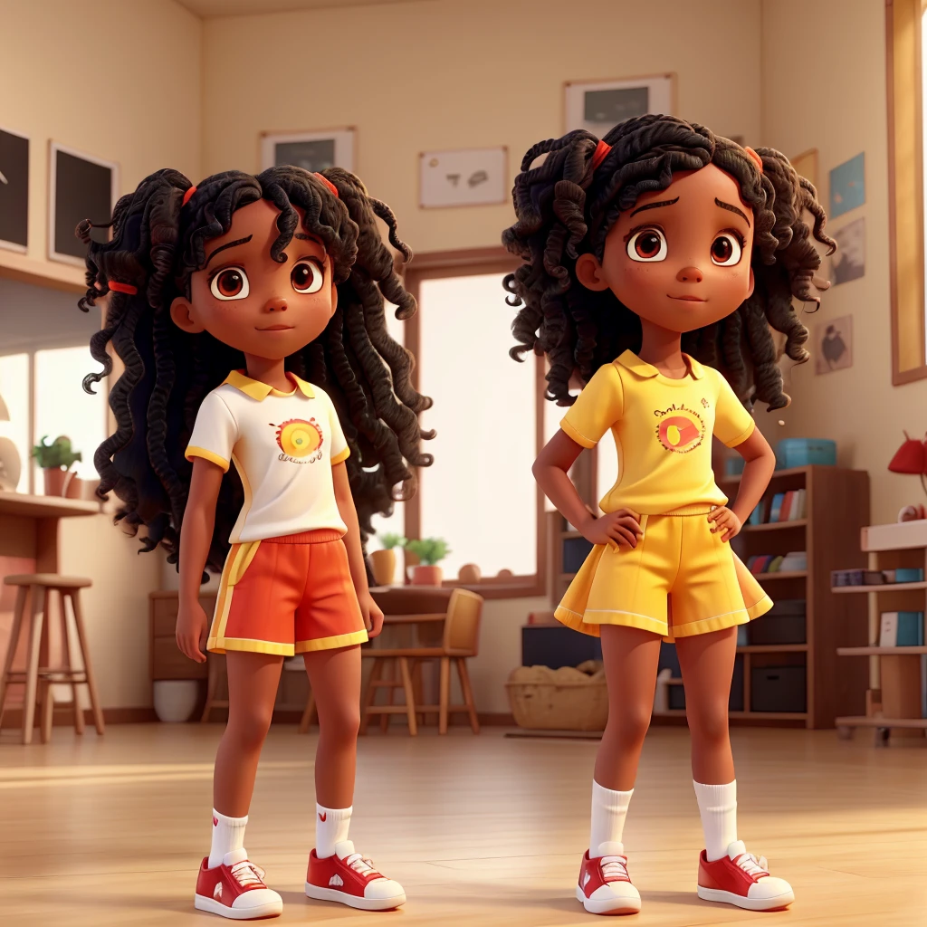 Girl with wavy hair, black skin, red sneakers, white blouse and yellow shorts with yellow and white striped socks 