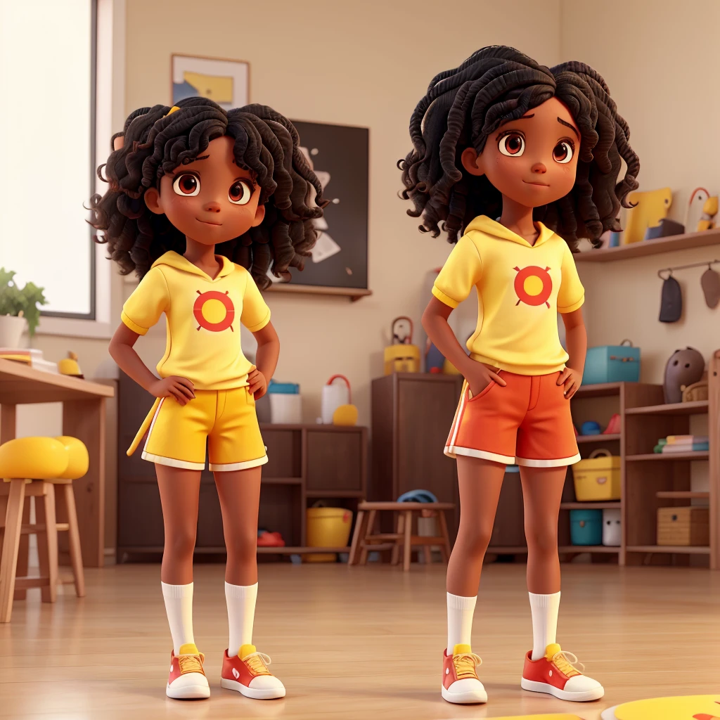 Girl with wavy hair, black skin, red sneakers, white blouse and yellow shorts with yellow and white striped socks