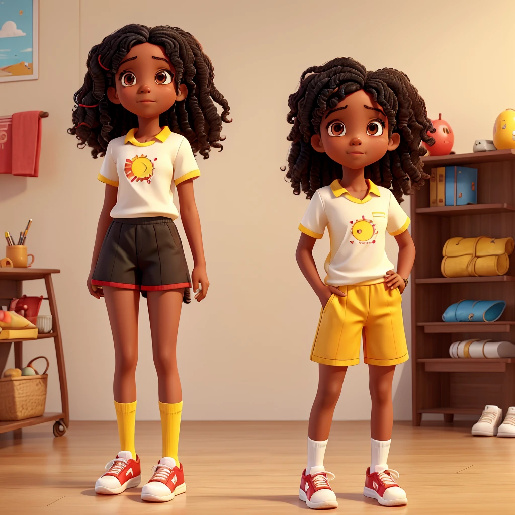 Girl with wavy hair, black skin, red sneakers, white blouse and yellow shorts with yellow and white striped socks