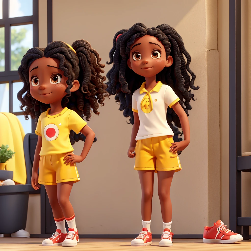 Girl with wavy hair, black skin, red sneakers, white blouse and yellow shorts with yellow and white striped socks 