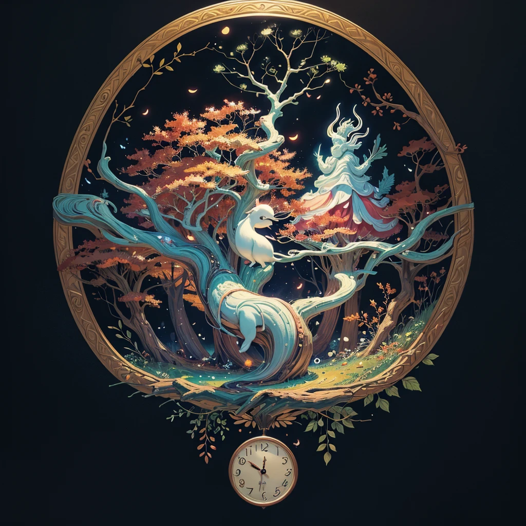 circular tree,four seasons,spring,summer,autumn,winter,leaves,roots,branches,trunk,ornate border,decorative,digital illustration,artwork,movement,time,swirling background,dark background,vibrant colors,natural,life cycle,growth,change,nature,life,peace,harmony,spirituality,symbolism,digital art,illustration,painting,graphic design,art,design,digital media,online art,visual art,fine art,fantasy