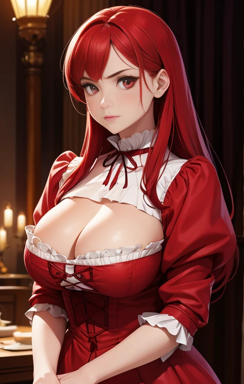 Girl with big breasts, in red Victorian clothing, Red hair, crimson eyes