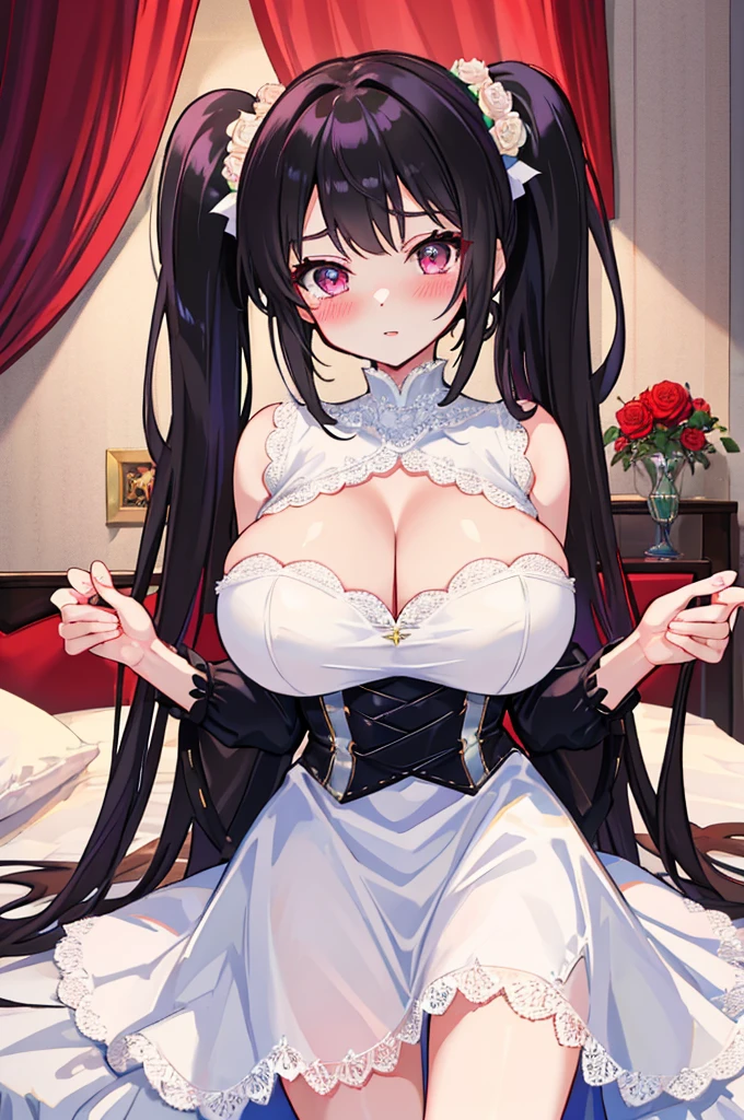 A woman with huge ，A princess，Black long hair，twintails，Exquisite，Gorgeous，complicated，White，(Super short)Princess dress，Lace，Brilliant colors，Slim waist，pubic，blush，Princess bedroom，Rose，Flowers，