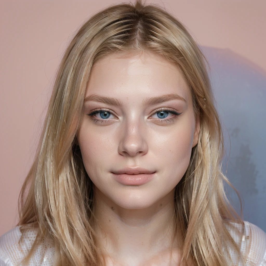 une femme blonde age 22 (ultra realiste) (meilleure qualité)4k, (ultra détaillé)net, machoire dessiner, joue fine ,(cheveux long blond ébouriffés),(illustration), (1fille), beaux bleu net détaillés,beau visage délicat, fin ,Flottant,(saturation élevée),(éclaboussures colorées) vue du visage