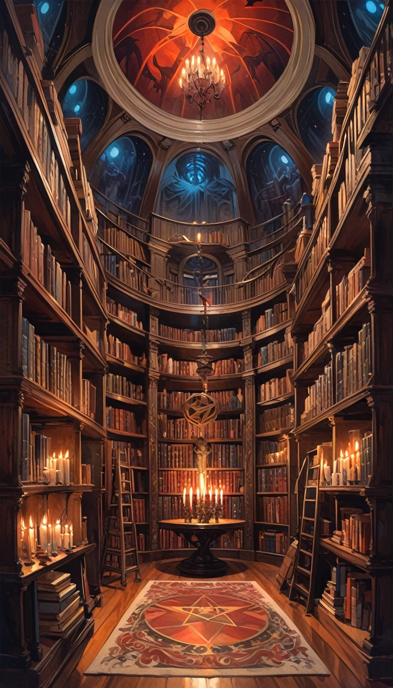 large satanic library, dark, huge shelves, dome, candles, some disorder (art inspired by Bill Sienkiewicz). oil painting)