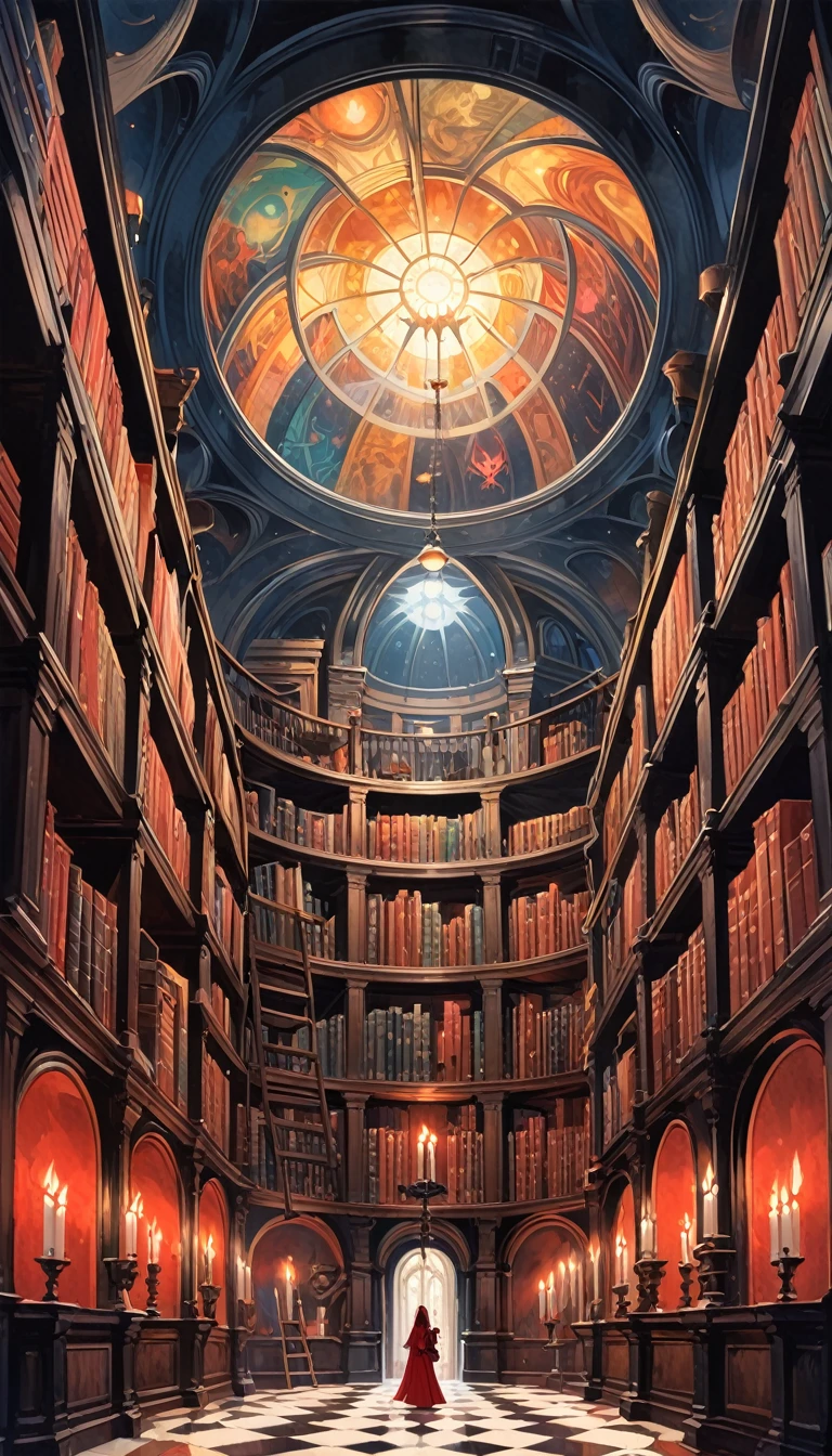 large satanic library, dark, huge shelves, dome, candles, some disorder (art inspired by Bill Sienkiewicz). oil painting)
